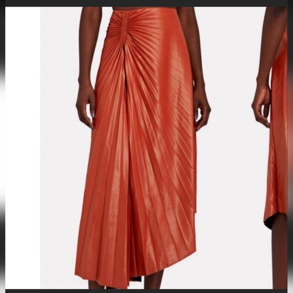 House of Harlow 1960 Women Orange Faux Vegan Leather Pleated Runched Skirt Sz Lg - Picture 1 of 14